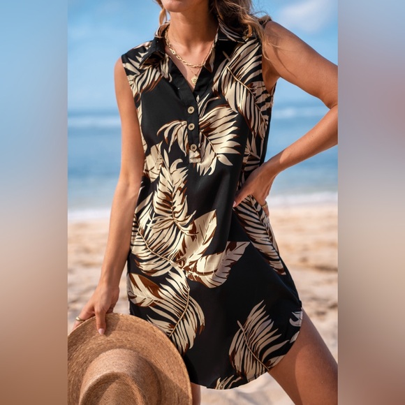 NWOT Cupshe Tropical Leaf Print Half-Button Mini Dress Size S - Picture 2 of 9